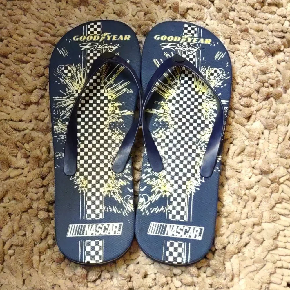 New Men's Size 13/14 Goodyear Racing‎ Nascar Navy Yellow Black White Flip Flops